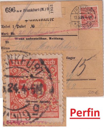 DR - 50 Pfg. Korbdeckel u.a. Perfin "M.H.&Co." Wertpaketkarte Frankfurt a/M 1924