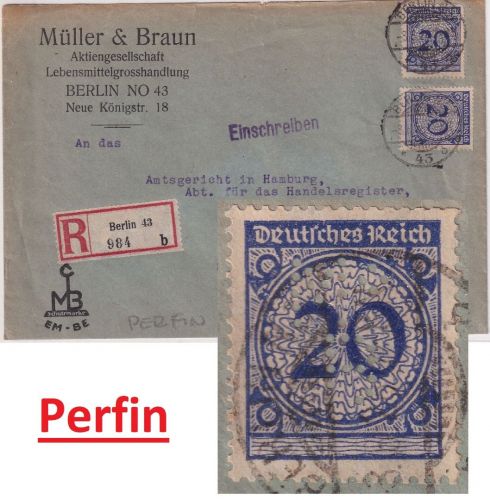 DR - 2x20 Pfg. Korbdeckel Perfin "M+B" Einschreibebrief Berlin - Hamburg 1926