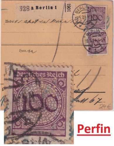 DR - 2x100 Pfg. Korbdeckel Perfin "FW" Paketkarte Berlin - Hamburg 1924