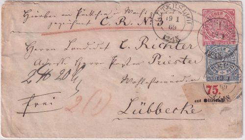 NDP - 1 Gr. Ganzsache+Zusatz Paketbegleitbrief Gütersloh - Lübbecke 1869
