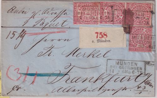 NDP - 4x1 Gr. dst. Paketbegleitbrief Ra3 Münden bei Göttingen 14.10.68