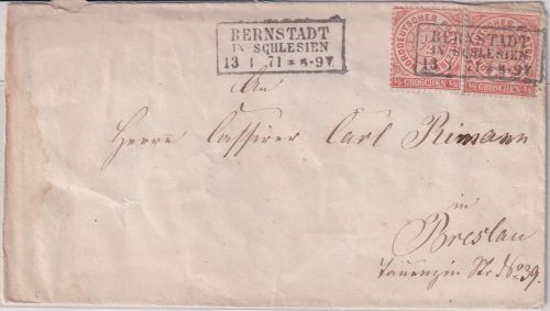 NDP - 2x1/2 Gr. gez. Brief Ra3 Bernstadt in Schlesien 13.1.71 n. Breslau