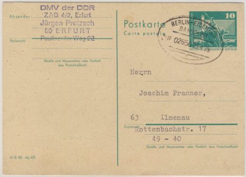 DDR - Bahnpost Berlin - Eisenach Zug 02650 10 Pfg. Ganzsache Erfurt Ilmenau 1975
