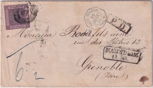 Baden/Frankreich - 9 Kr. Quadrat Brief Ring 87 Mannheim - Grenoble 1857