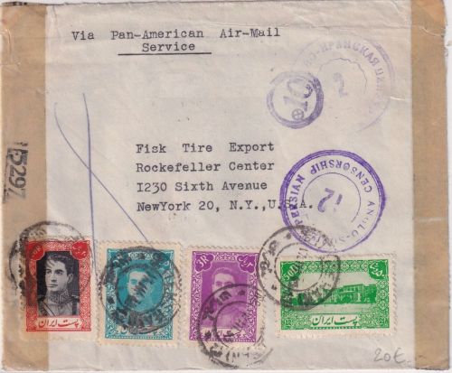 Iran - 20 R. Schah u.a. Luftpost-Zensurbrief n. USA Teheran - New York 1945