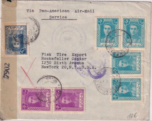 Iran - 4x5 R. u.a. Schah Luftpost-Zensurbrief n. USA Teheran - New York 1945