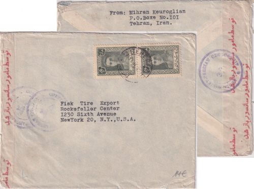 Iran - 2x2 R. u.a. Schah Zensurbrief n. USA Teheran - New York 1945