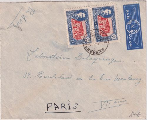 Iran - 2x3 R. Schah/Bauwerke Luftpostbrief n. FRANKREICH Teheran - Paris 1953