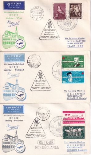 DDR - Messe-Sonderluftpost n. RUMÄNIEN/CSSR/UNGARN 1957 3 Briefe