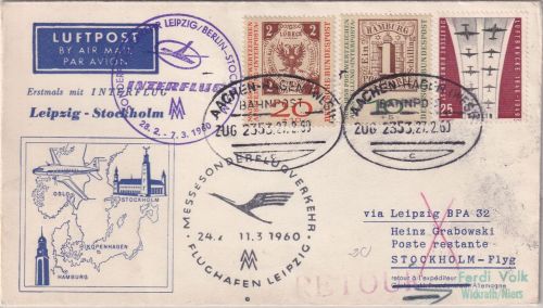 BRD - Interflug Erstflug Leipzig Stockholm 1960 Zuleitungspost Bahnpost Wickrath