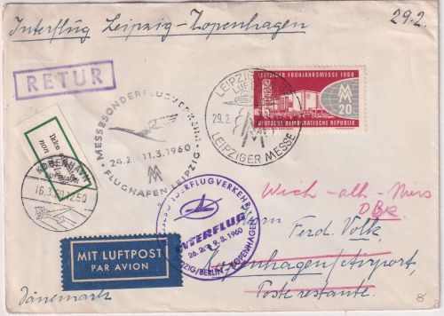 DDR - Interflug Messe-Sonderflug Leipzig - Kopenhagen 1960 Retouraufkleber