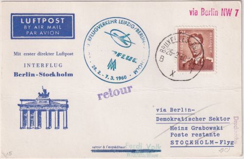 Belgien - Interflug Erstflug Berlin Stockholm 1960 Zuleitungspost v. Brüssel