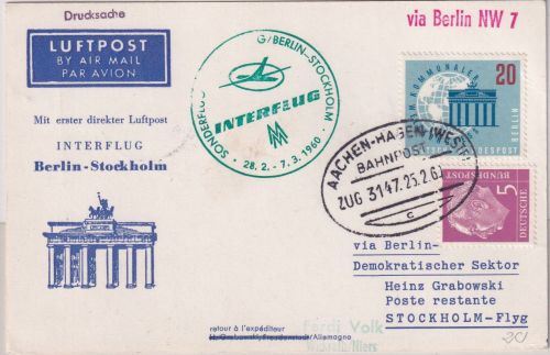 BRD - Interflug Erstflug Berlin Stockholm 1960 Zuleitungspost Bahnpost Wickrath