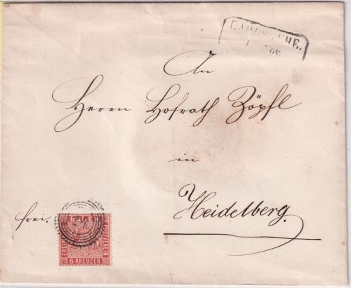 Baden - 6 Kr. Wappen Brief Ring 24 Karlsruhe - Heidelberg gepr. Flemming BPP