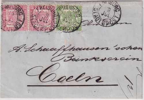 Baden - 2x3+1 Kr. Wappen Ausgabe 1862/68 !! Brief K2 Freiburg Stadtpost 1869