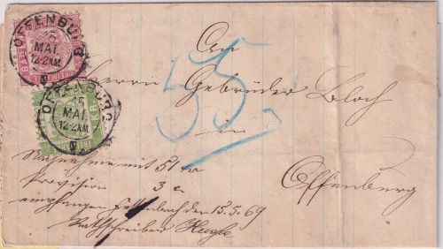 Baden - 3+1 Kr. Wappen Ausgabe 1862/68 !! Ortsnachnahmebrief K2 Offenburg 1869