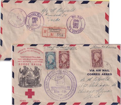 Suriname - Roode Kruis 1946 Schmuck-FDC/Luftpost-Einschreibebrief n. USA