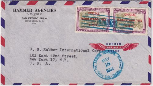 Honduras - 2x12/1 C. Dienst/Überdruck Luftpostbrief n. USA San Pedro Sula 1954