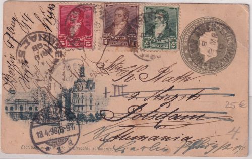 Argentinien - 4 C. Bildganzsache+Zusatz Buenos Aires Potsdam 1898 Weiterleitung