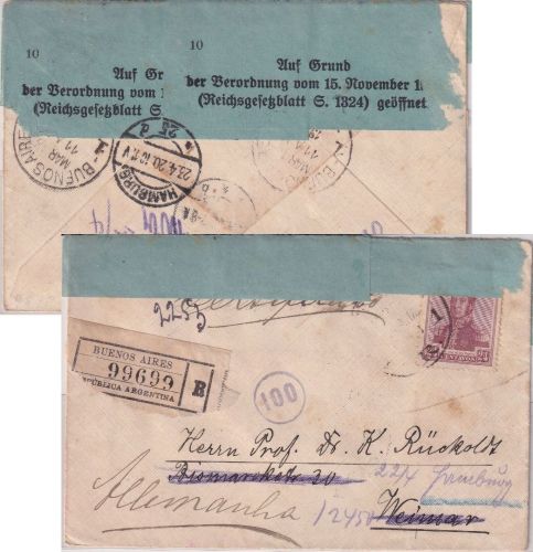 Argentinien - 24 C. San Martin Einschreibebrief Buenos Aires - Weimar 1920