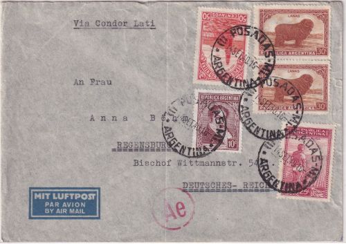 Argentinien - 50+2x30 C. u.a. Freimarken Luftpostbrief LATI Posadas 1940