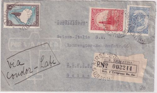 Argentinien - 1 P. u.a. Freimarken Lupo-Einschreibebrief LATI Buenos Aires 1940