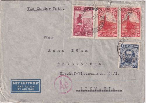 Argentinien - 2x50 C. Freimarken u.a. Luftpostbrief LATI Posadas Regensburg 1941
