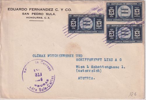 Honduras - 3x5 C. Handelsflagge Brief n. ÖSTERREICH San Pedro Sula - Wien 1936