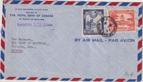 Brit. Guiana - 12+6 C. Freimarken Luftpostbrief n. KANADA Georgetown 1947