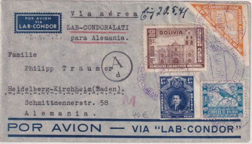 Bolivien - 10 B. Eucharistischer Kongress ua. Luftpostbrief LATI Cochabamba 1941
