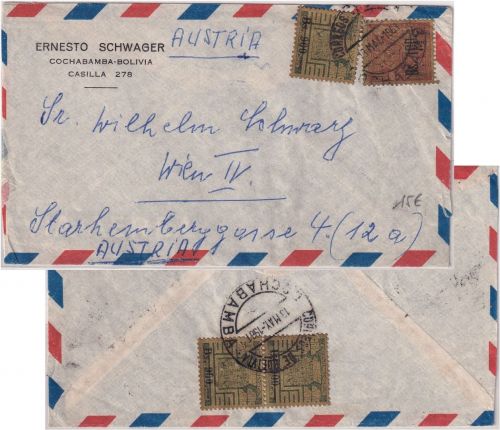 Bolivien - 3x900 B./40C.+100 B./1C. Sonnentor Luftpostbrief Cochabamba 1961