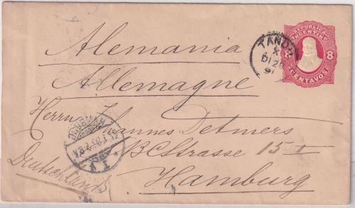 Argentinien 8 C. Ganzsache/Brief Tandil - Hamburg 1891