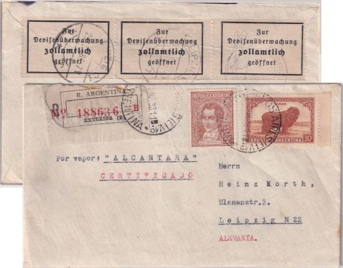 Argentinien - 30+5 C. Freimarken Einschreibebrief Buenos Aires - Leipzig 1938