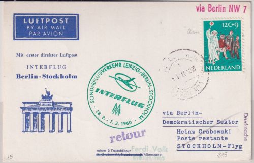 Niederlande - Interflug Erstflug Berlin Stockholm 1960 Zuleitungspost