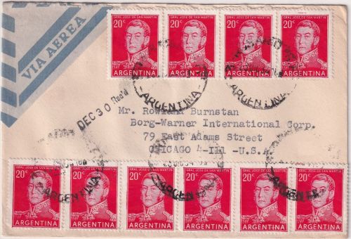 Argentinien - 10x20 C. San Martin Luftpostbrief n. USA Rosario - Chicago 1954
