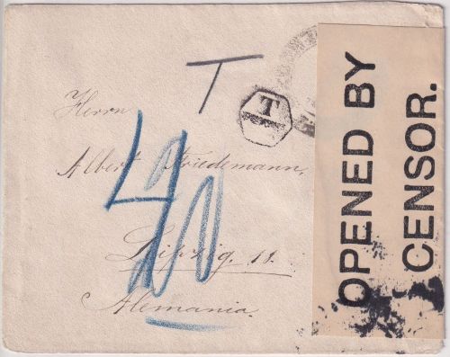 Argentinien - Buenos Aires 1918 unfrankierter Zensurbrief n. Leipzig - Nachporto