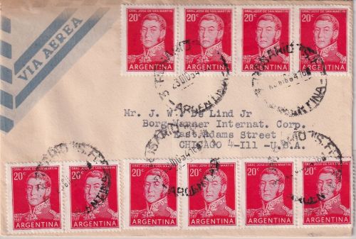 Argentinien - 10x20 C. San Martin Luftpostbrief n. USA Rosario - Chicago 1954