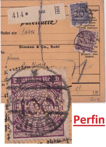 DR - 100+20 Pfg. Korbdeckel Perfin "S&Co." Paketkarte Suhl - Hamburg 1924