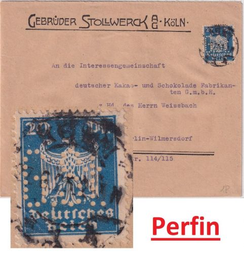 DR - 20 Pfg. Adler Perfin "G.St." Firmenbrief Köln - Berlin 1925