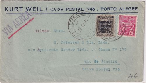 Brasilien - 1000/20 R. Flugpostausg. u.a. Luftpostbrief Porto Alegre - Rio 1931