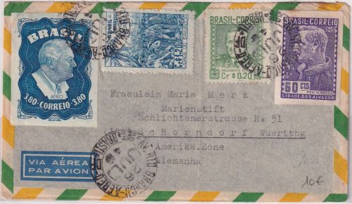 Brasilien - 3,80 Cr. Roosevelt u.a. Luftpostbrief Rio de Janeiro Schorndorf 1949
