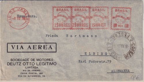 Brasilien - 2x2.000 R. u.a. Postfreistempel Luftpostbrief Rio de Janeiro 1938