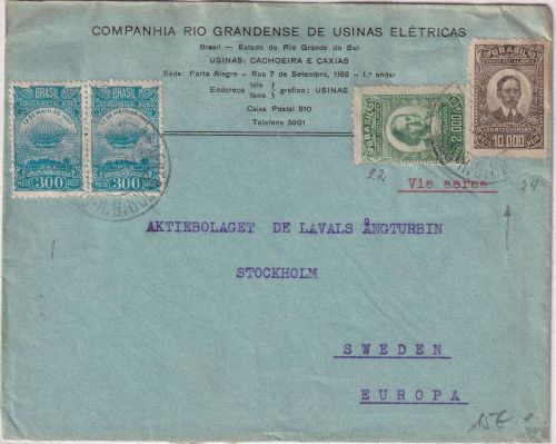 Brasilien - 10.000 R. Flugpostausgabe u.a. Luftpostbrief n. SCHWEDEN 1934