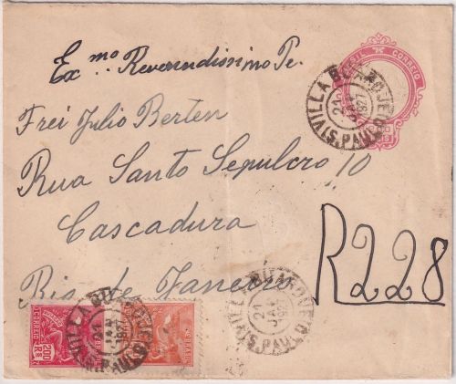 Brasilien - 200 R. Ganzsache+Zusatz Einschreibebrief S. Paulo - Rio 1927