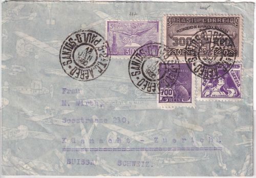 Brasilien - 300 R. 1. Numismatischer Kongress u.a. Luftpostbrief S. Paulo 1936