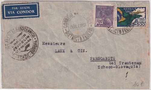 Brasilien - 3.500 R. Flugpostausg. u.a. Luftpostbrief n. TSCHECHIEN Rio 1935