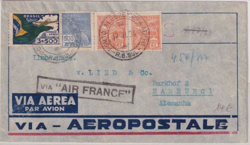 Brasilien - 3.500 R. Flugpostausg. ua. Luftpostbrief Porto Alegre - Hamburg 1934