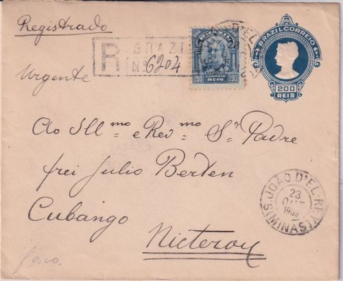Brasilien - 200 R. Ganzsache+Zusatz Einschreibebrief S. Joao del Rey 1909