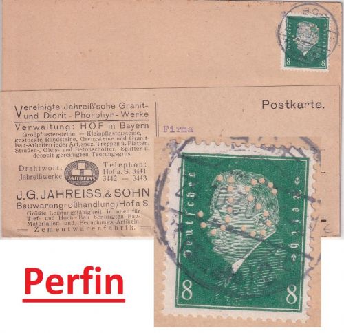 DR - 8 Pfg. Ebert Perfin "JS" Firmenkarte Hof - Wasserburg 1930