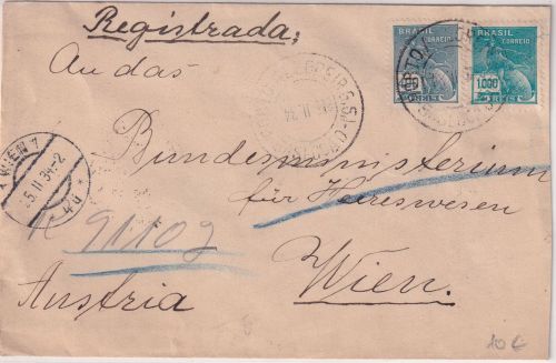 Brasilien - 1.000+400 R. Merkur Einschreibebrief n. ÖSTERREICH Porto Alegre 1934